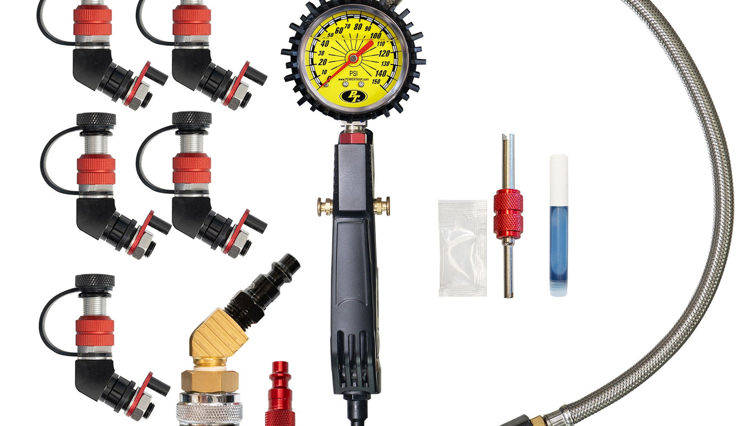 Monster Valve Primary - Standard Valve Stem Mount - 5 pack with Ventoso RED Tire Inflator Gauge