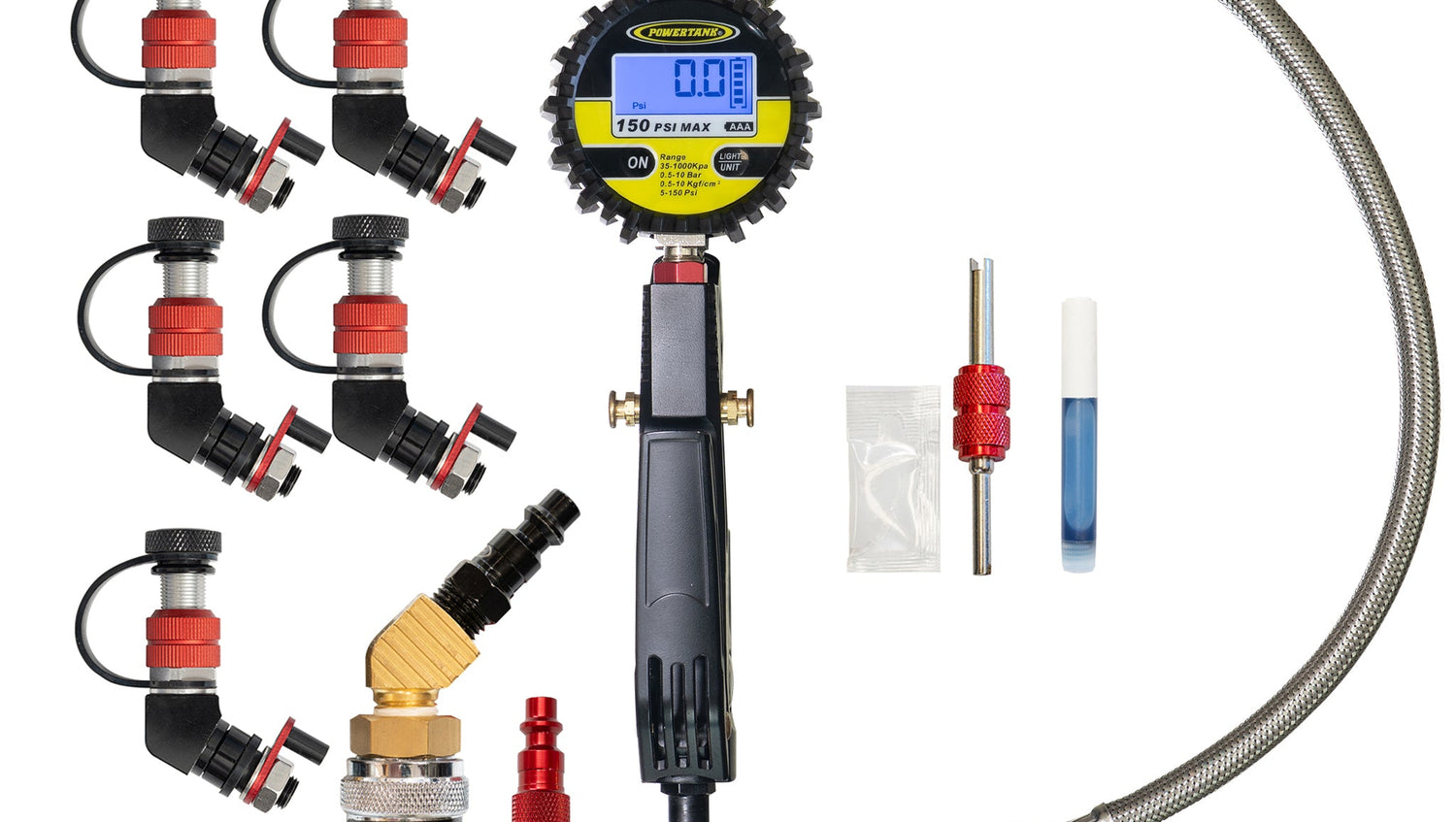 Monster Valve Primary - Standard Valve Stem Mount - 5 pack with Ventoso RED Tire Inflator Gauge
