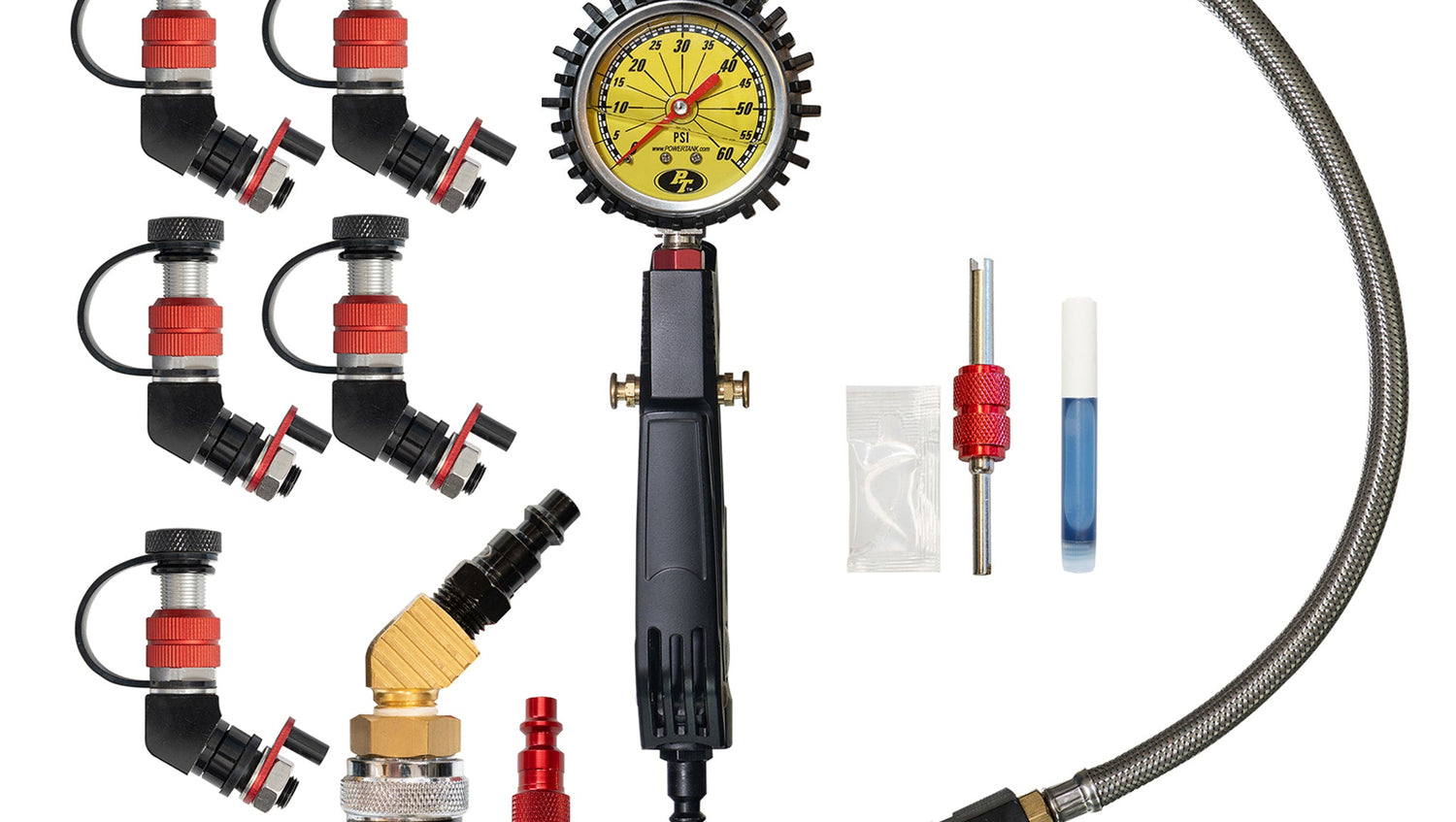 Monster Valve Primary - Standard Valve Stem Mount - 5 pack with Ventoso RED Tire Inflator Gauge