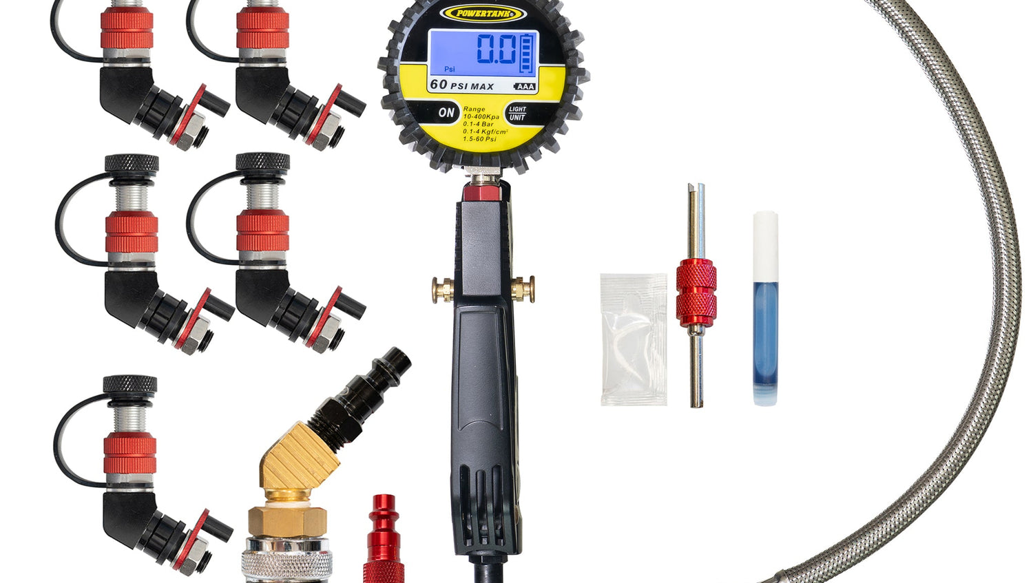 Monster Valve Primary - Standard Valve Stem Mount - 5 pack with Ventoso RED Tire Inflator Gauge