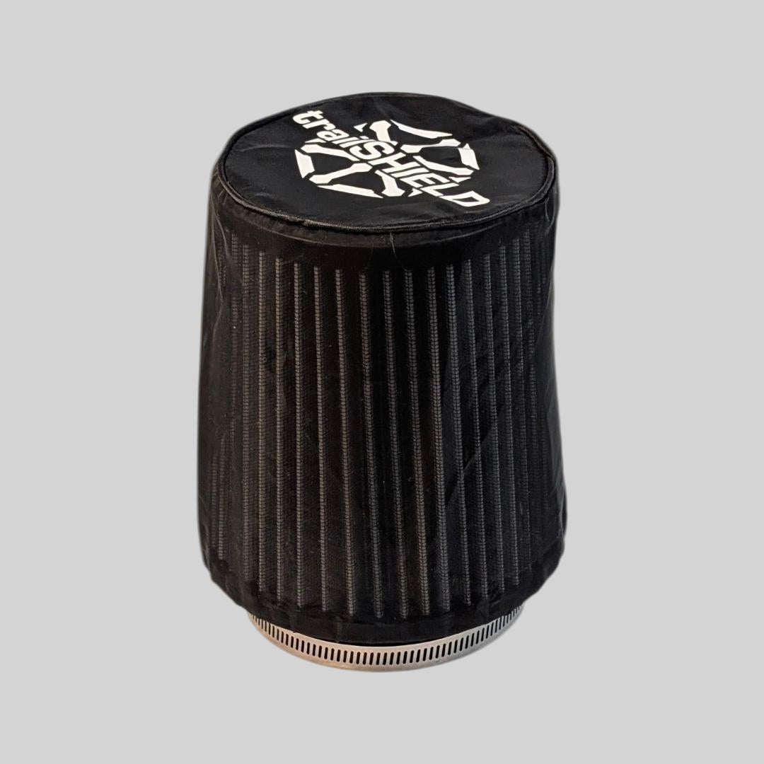 Black air filter with a brand logo on a white background